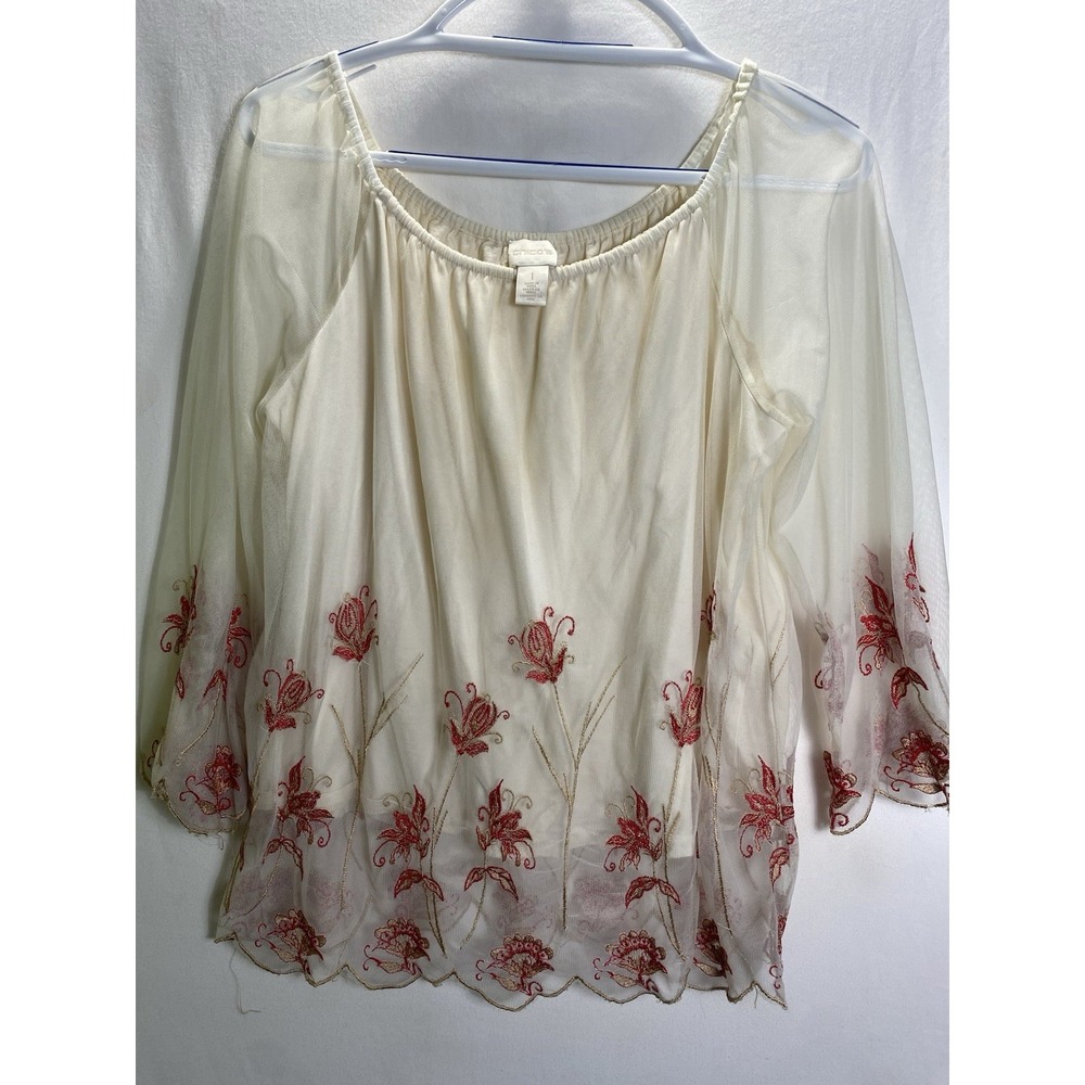 Embroidered Floral Chicos Womens 3/4 Bell Sleeve Blouse Cotton Blend 1 Cream